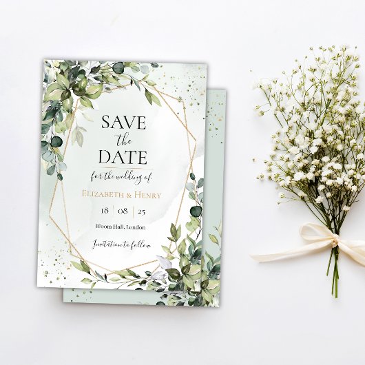 Sage gold eucalyptus geometric wedding save date kaart
