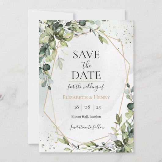 Sage gold eucalyptus geometric wedding save date kaart (Voorkant)