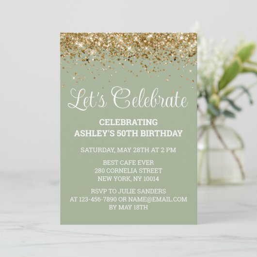 Sage & Gold Glitter 50e verjaardag Kaart (Staand voorkant)
