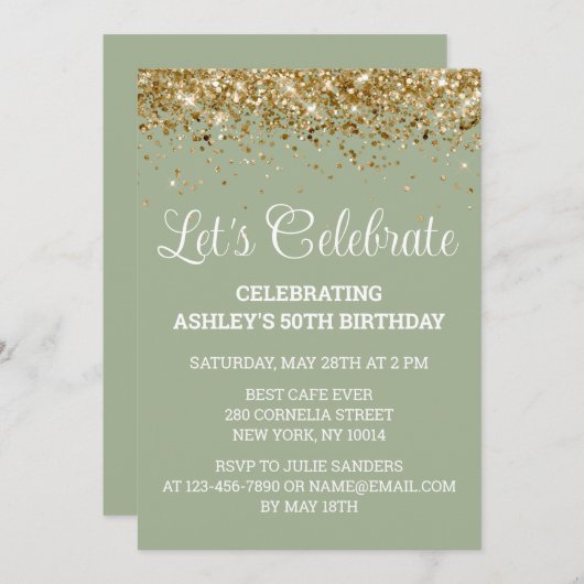 Sage & Gold Glitter 50e verjaardag Kaart (Voorkant / Achterkant)