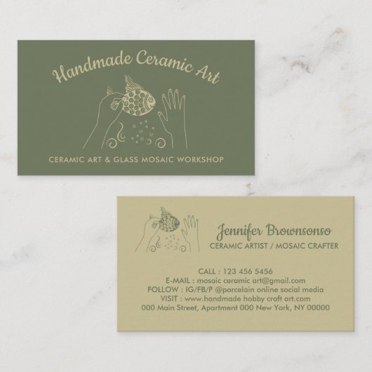 Sage Gold Handmade Hobby Ceramic Fish Mosaic Visitekaartje (Voorkant / Achterkant)