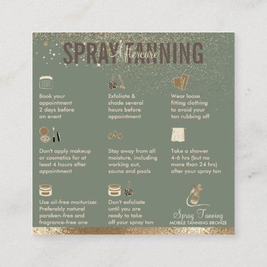 Sage gold Spuitbus Tan Aftercare Instructies Tips Vierkante Visitekaartje (Achterkant)