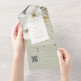 Sage & Goud Bloemen Bladerwerk Waterverf Bruiloft All In One Uitnodiging