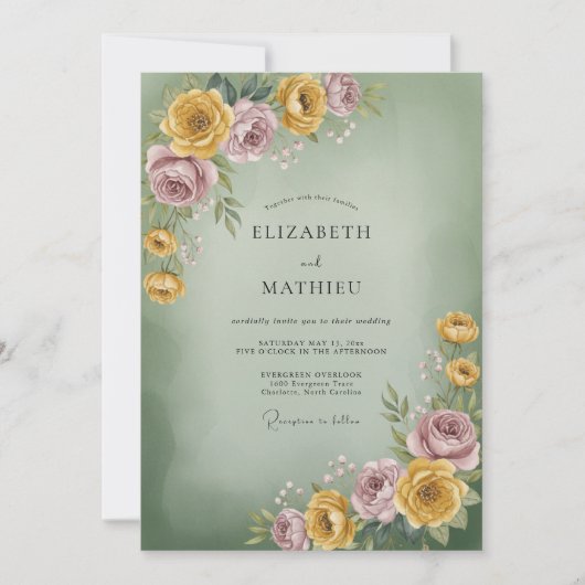 Sage Goud Lilac Ranunculus Eucalyptus Bruiloft Kaart (Voorkant)