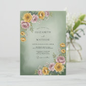 Sage Goud Lilac Ranunculus Eucalyptus Bruiloft Kaart (Staand voorkant)