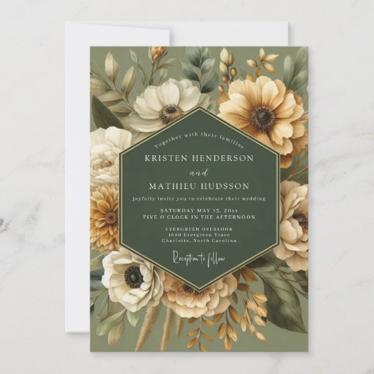 Sage Gouden Vintage Bloom Bruiloft Kaart (Voorkant)