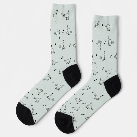 Sage Gray Green Cat Line Art Pattern Socks Sokken (Links)