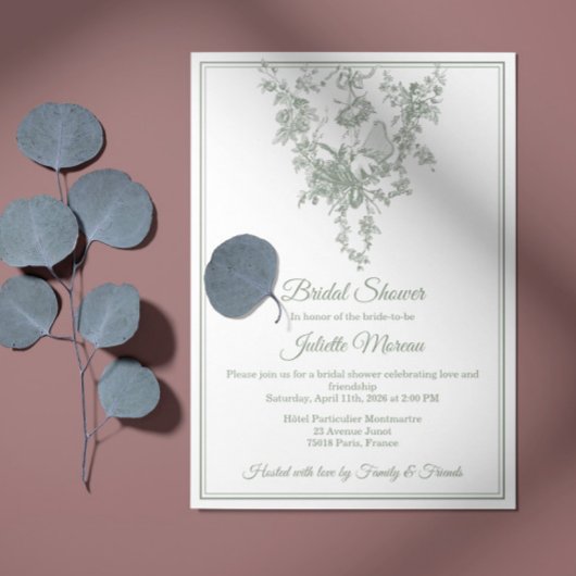 Sage Gray Toile de Jouy Bridal Shower Invitation Kaart