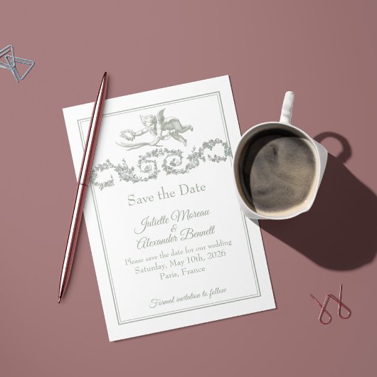 Sage Gray Toile de Jouy Cherub Save the Date Card