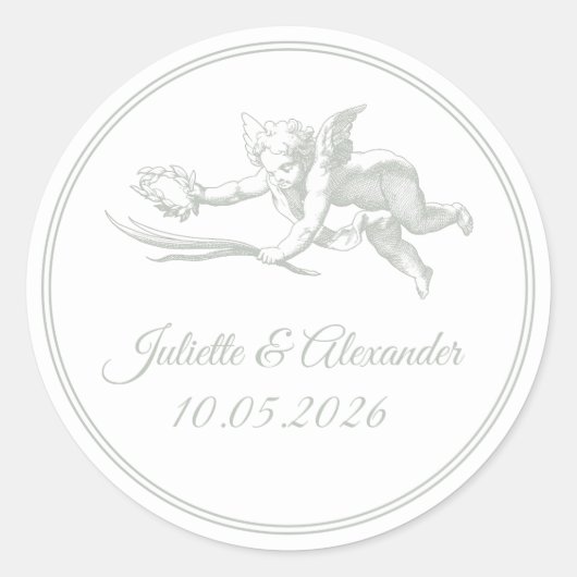 Sage Gray Toile de Jouy Cupid Round Stickers (Voorkant)