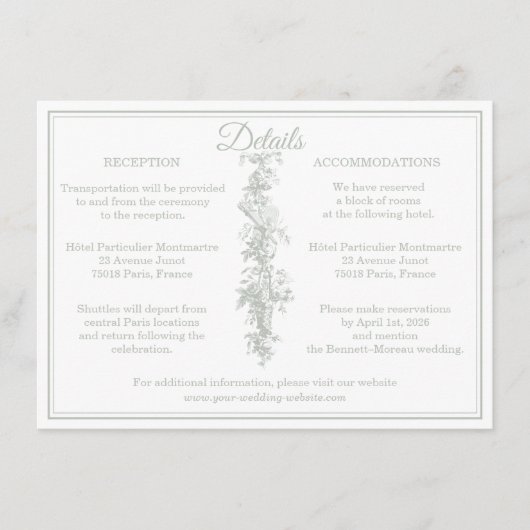 Sage Gray Toile de Jouy Wedding Details Enclosure  Informatiekaartje (Voorkant)