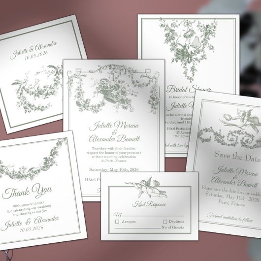 Sage Gray Toile de Jouy Wedding Menu Card