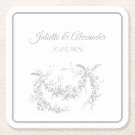 Sage Gray Toile de Jouy Wedding Paper Coasters Kartonnen Onderzetters