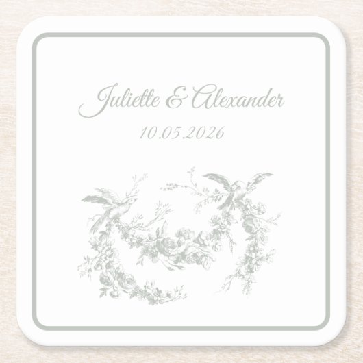 Sage Gray Toile de Jouy Wedding Paper Coasters Kartonnen Onderzetters (Voorkant)