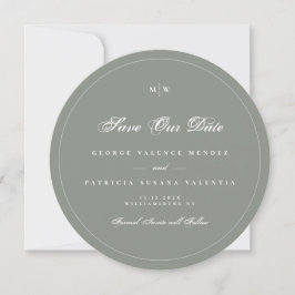 Sage Gray White Elegant Round Photo Save The Date Kaart