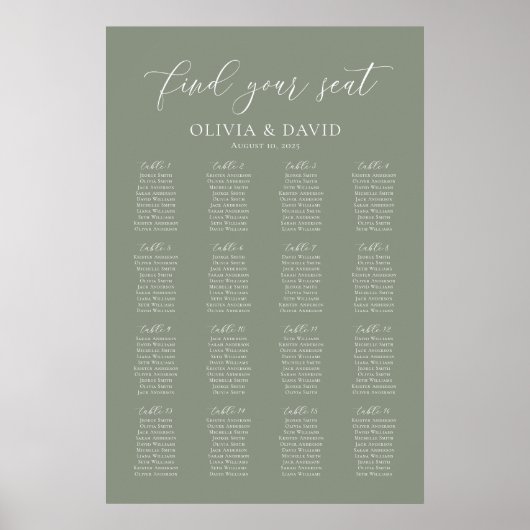 Sage Green 16 tafels Vind uw stoel kaart Poster (Voorkant)