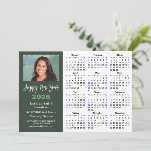 Sage Green 2025 Kalender Zakelijke Foto Eenvoudig Feestdagenkaart (Staand voorkant)