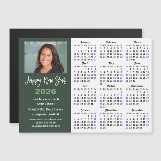 Sage Green 2026 Kalender Modern Corporate Magnetis (Voorkant / Achterkant)