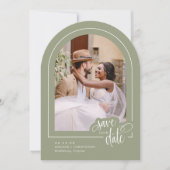 Sage Green 2 Photo Script Wedding Sla de datum op Kaart (Voorkant)