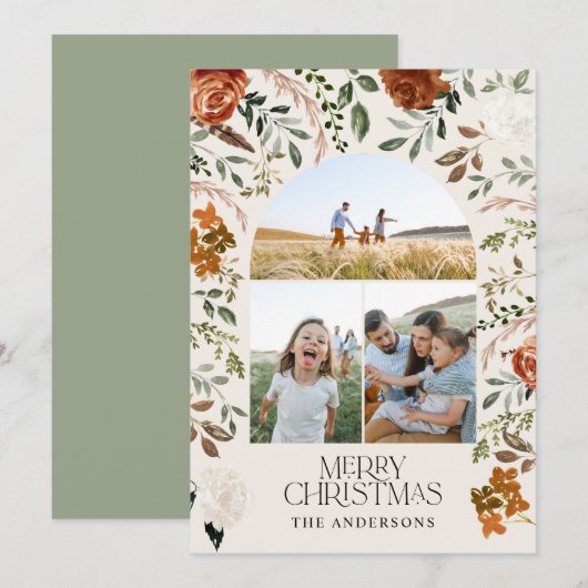 Sage green 3 foto botanische elegant arch: feestda feestdagenkaart (Voorkant / Achterkant)