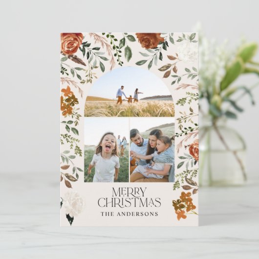 Sage green 3 foto botanische elegant arch: feestda feestdagenkaart (Staand voorkant)