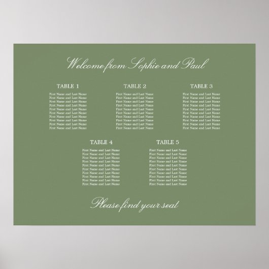 Sage Green 5 Table Wedding Seating Chart Poster (Voorkant)