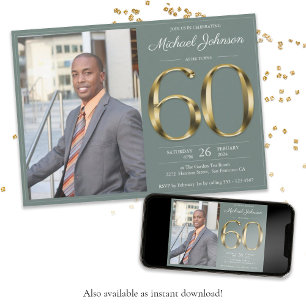 Sage Green 60th Gold Text Classy Foto Birthday Kaart