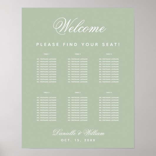 Sage Green 6 Table Simple Wedding Seating Chart Poster (Voorkant)