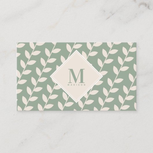 Sage Green 70s Retro Leaf Monogram Initiaal Visitekaartje (Voorkant)