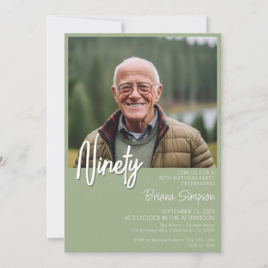 Sage Green 90e verjaardag foto uitnodiging (Voorkant)