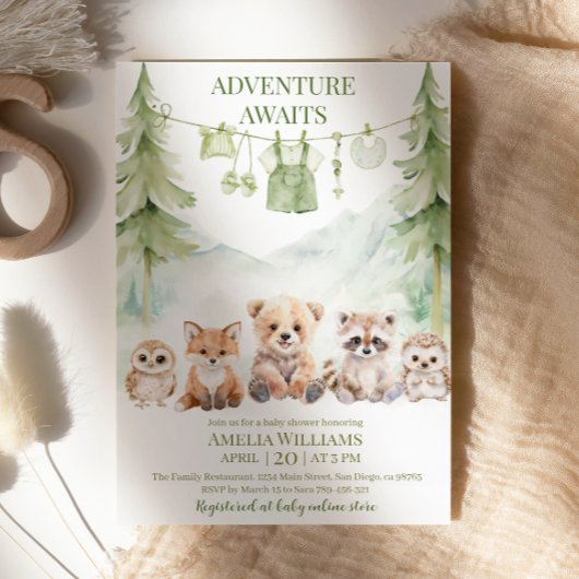 Sage Green Adventure Awaits Woodland Baby Shower Kaart