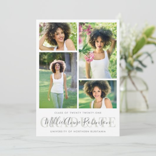 Sage Green | Afstuderen Script 4 Foto's Afstuderen Kaart (Staand voorkant)