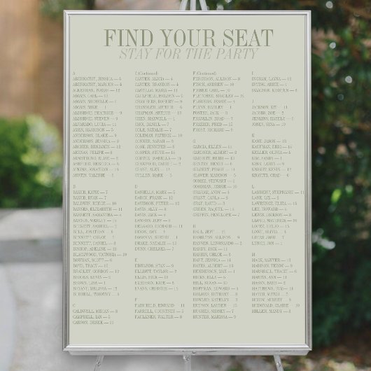 Sage Green Alphabetical Wedding Seating Chart Poster