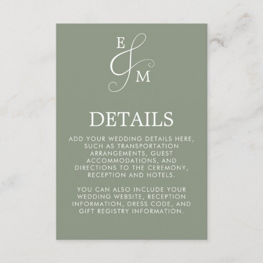 Sage Green Ampersand Wedding Informatiekaartje (Voorkant)