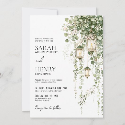 Sage Green and Blush Eucalyptus Lantern Wedding Kaart (Voorkant)