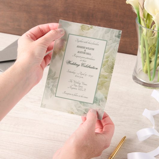 Sage Green and Champagne Floral Framed  Vellum Uitnodigingen (Draagbaar)