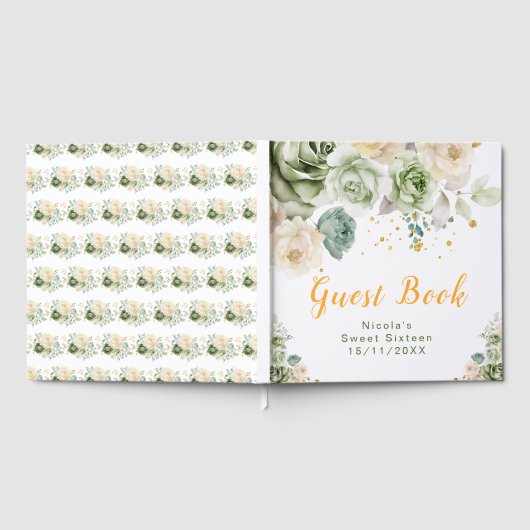 Sage Green and Cream Floral Sweet Sixteen Gastenboek (Volledig)