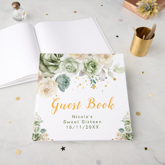 Sage Green and Cream Floral Sweet Sixteen Gastenboek (Voorkant open)