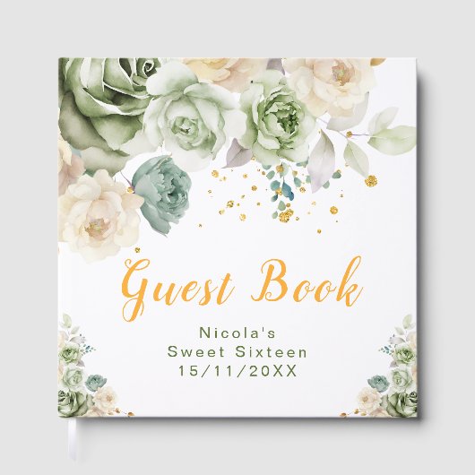 Sage Green and Cream Floral Sweet Sixteen Gastenboek (Voorkant)