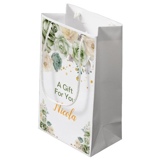 Sage Green and Cream Floral Sweet Sixteen Klein Cadeauzakje (Achterkant Gekanteld)