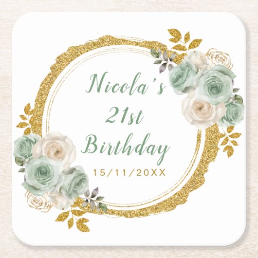Sage Green and Gold Elegant Flowers Birthday Party Kartonnen Onderzetters (Voorkant)