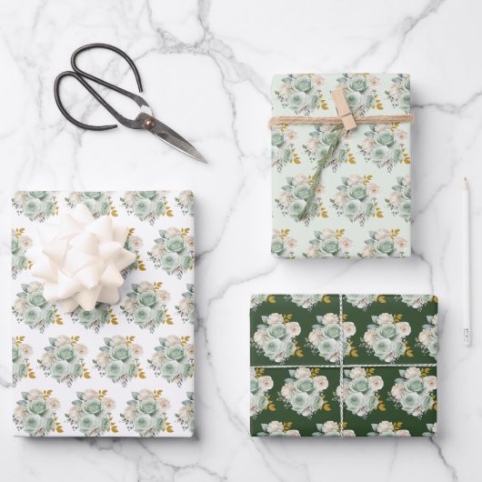 Sage Green and Gold Elegant Flowers Inpakpapier Vel (Voorkant)