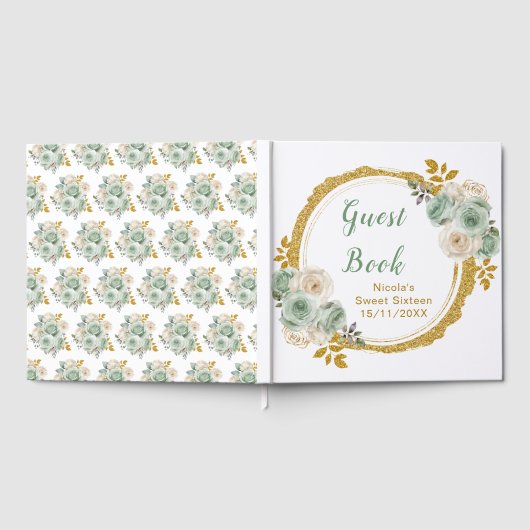 Sage Green and Gold Elegant Flowers Sweet Sixteen Gastenboek (Volledig)