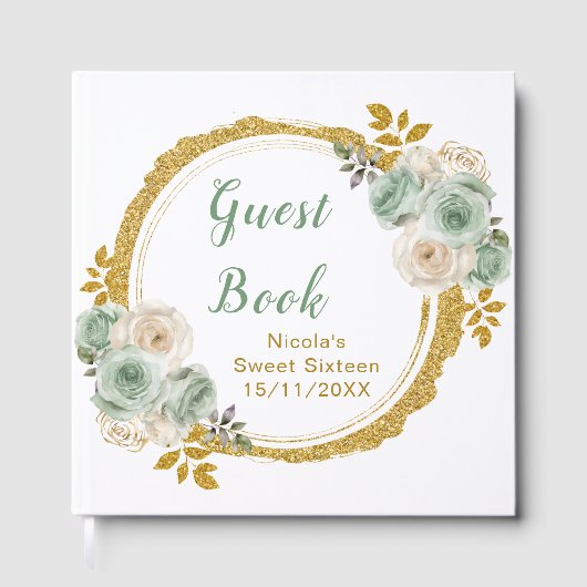 Sage Green and Gold Elegant Flowers Sweet Sixteen Gastenboek (Voorkant)