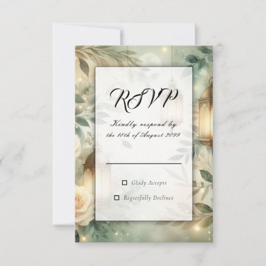 Sage Green and Ivory Rose Lantern Wedding RSVP Kaartje (Voorkant)