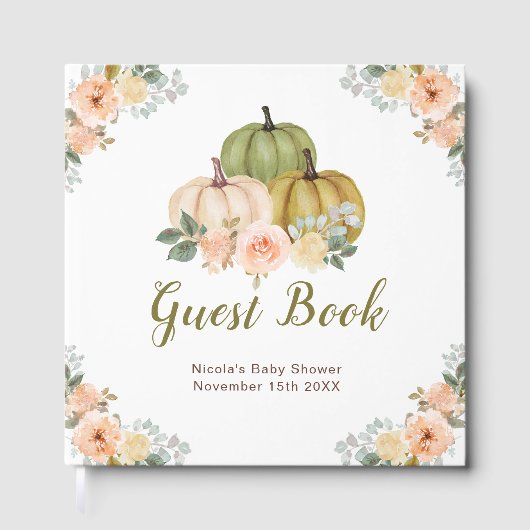 Sage Green and Peach Floral Pumpkins Baby Shower Gastenboek (Voorkant)