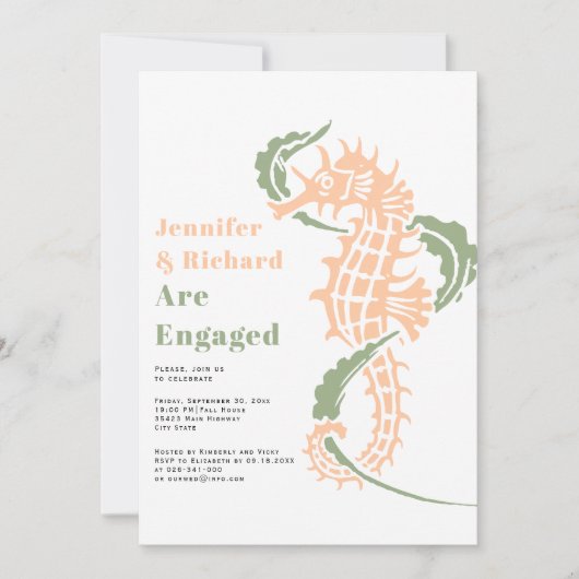 Sage green and peach seahorse party kaart (Voorkant)