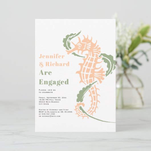 Sage green and peach seahorse party kaart (Staand voorkant)