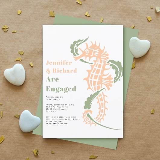 Sage green and peach seahorse party kaart