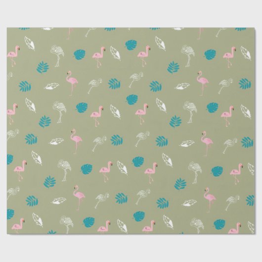 Sage Green and Pink Flamingo Wrapping Paper Cadeaupapier (Vlak)